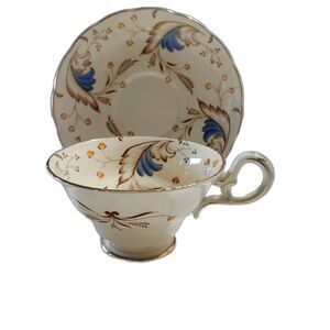 Copelands Grosvenor Blue and Gold Deco Feather Bone China Tea Cup and Saucer